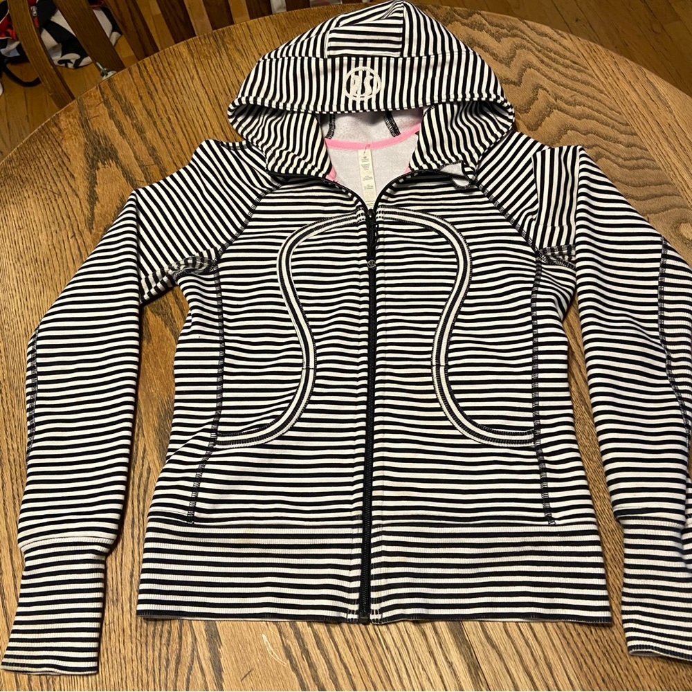 Lululemon Black and White Striped Scuba Hoodie with Pink Accents